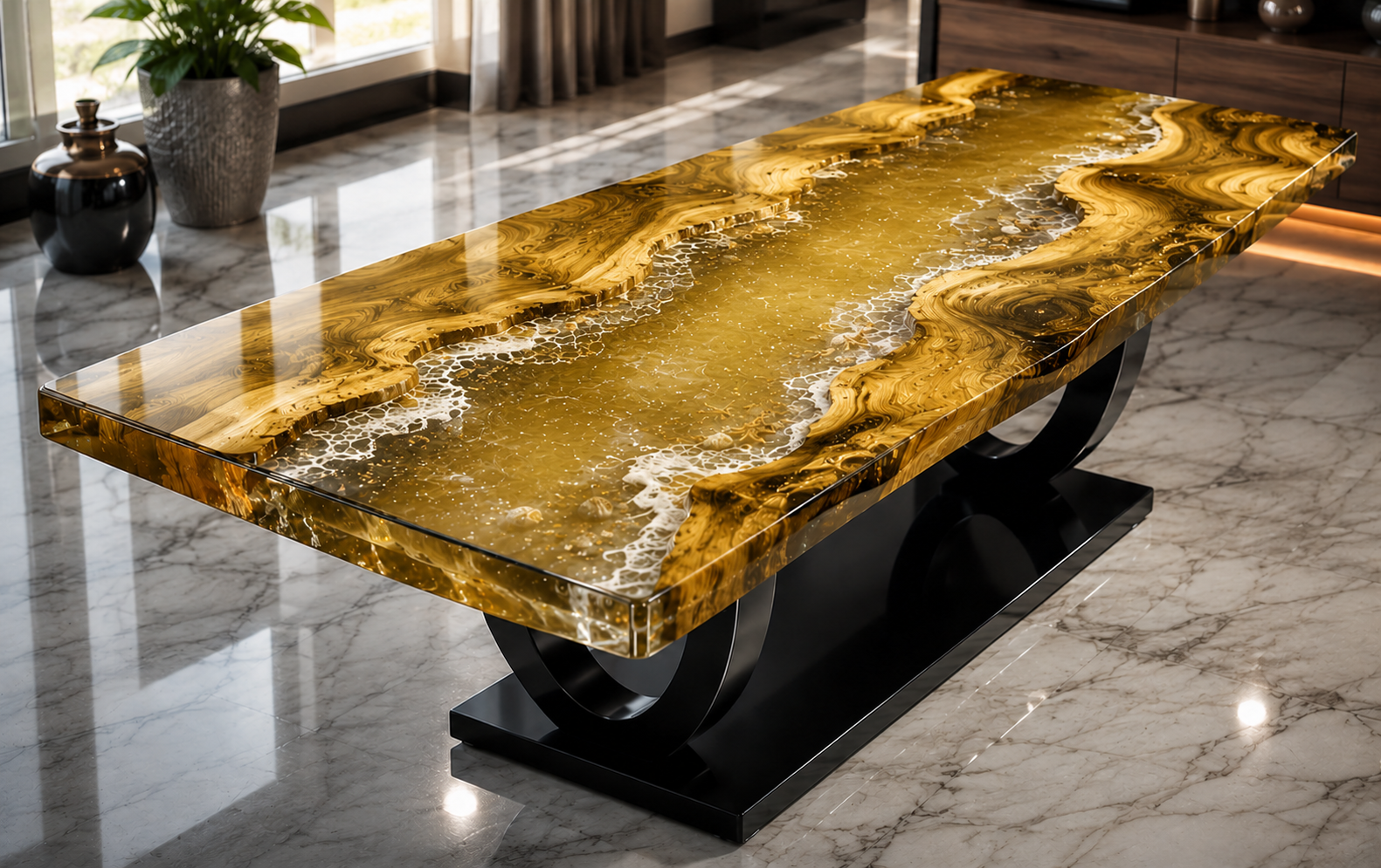 Resin art made with low quality resin showing yellowing and bubbles